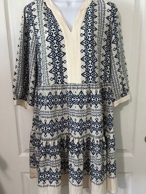 Dress Anthropologie Blue White Tiered Boho Chic Coastal Resort
